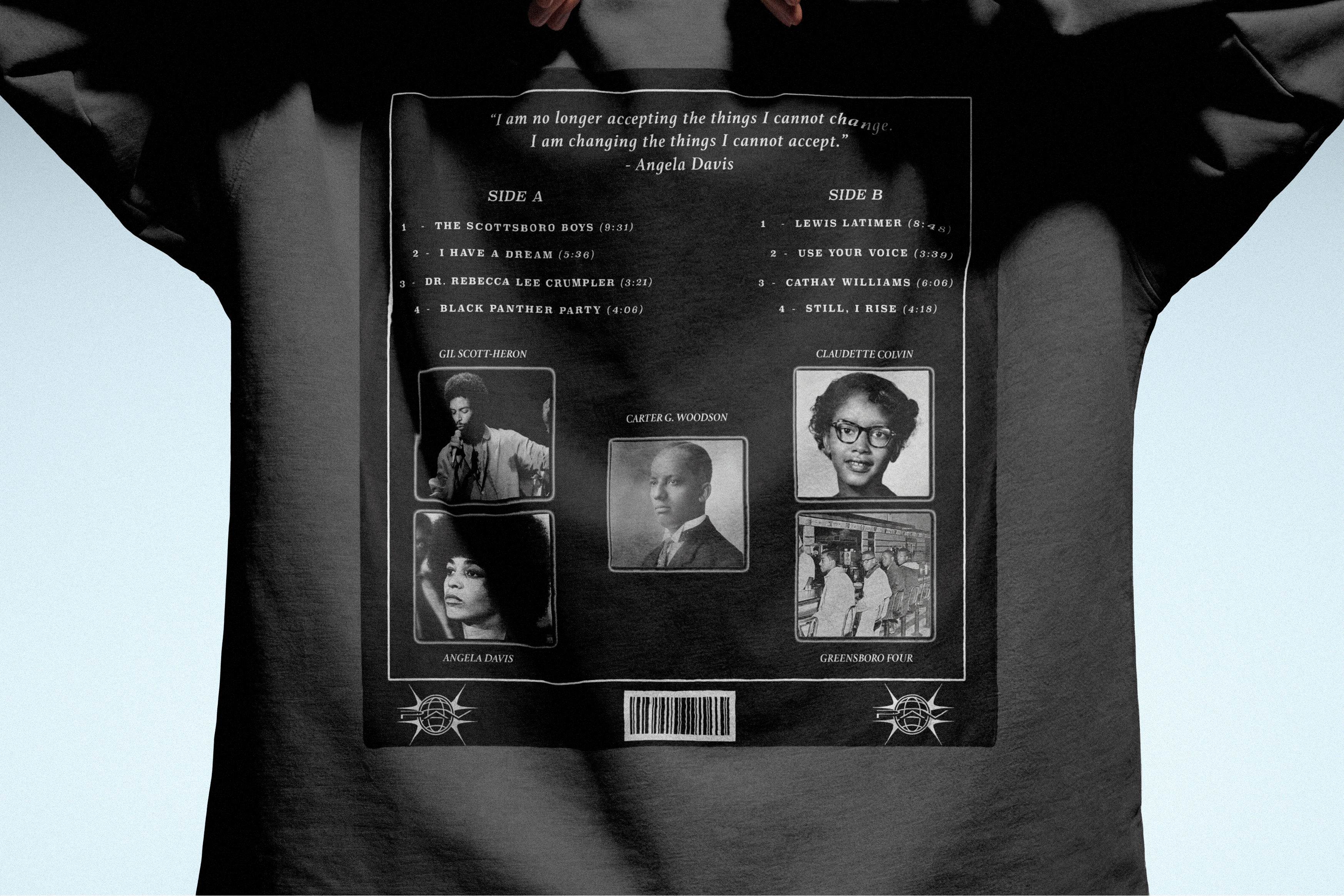 Person wearing a gray sweatshirt with a graphic design on the back featuring black and white portraits.