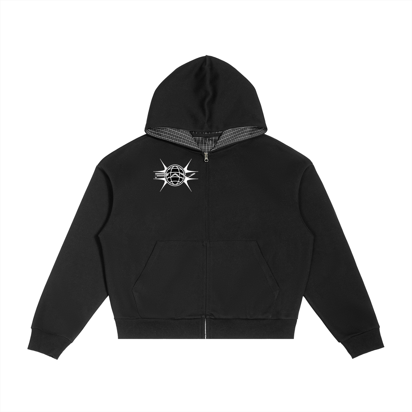 Black hoodie with a white logo on a white background