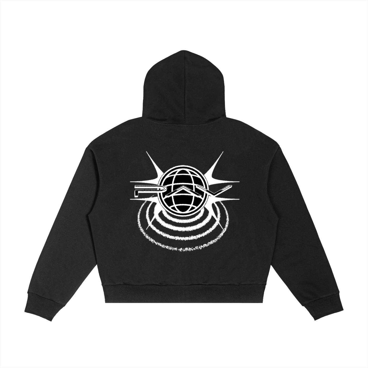 Black hoodie with a white graphic design on the back against a white background